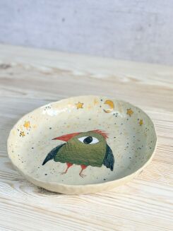 talerz misa ceramiczna wielkooki ptak malowany ręcznie Kolorowa Misa