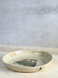 talerz misa ceramiczna wielkooki ptak malowany ręcznie Kolorowa Misa