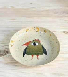 talerz misa ceramiczna wielkooki ptak malowany ręcznie Kolorowa Misa